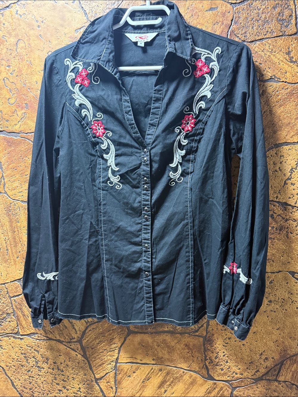 Roper Black Button-Down Western Shirt with Pink & White Embroidery. #19